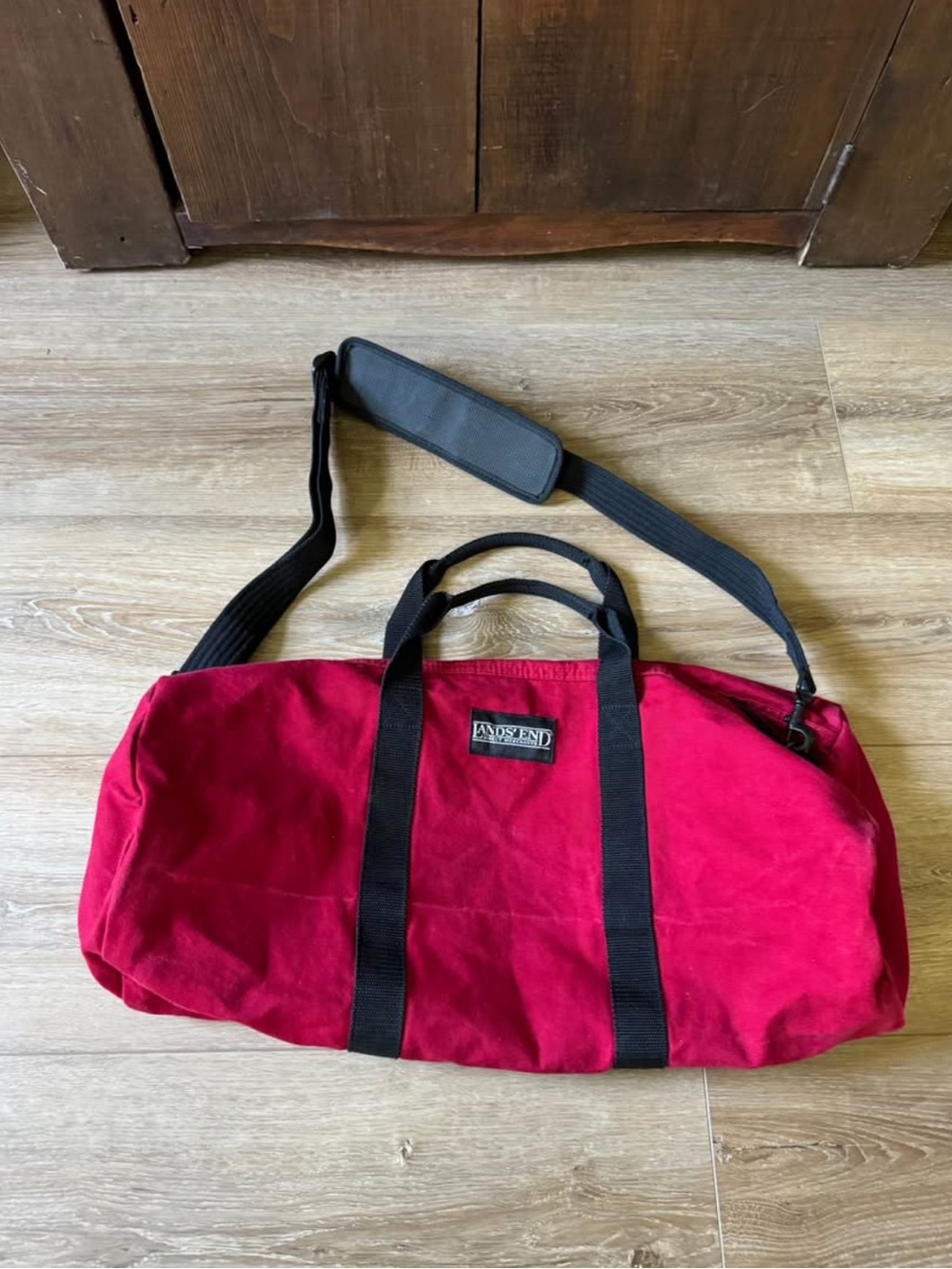 Vintage Landsend canvas duffle bag red black made in USA